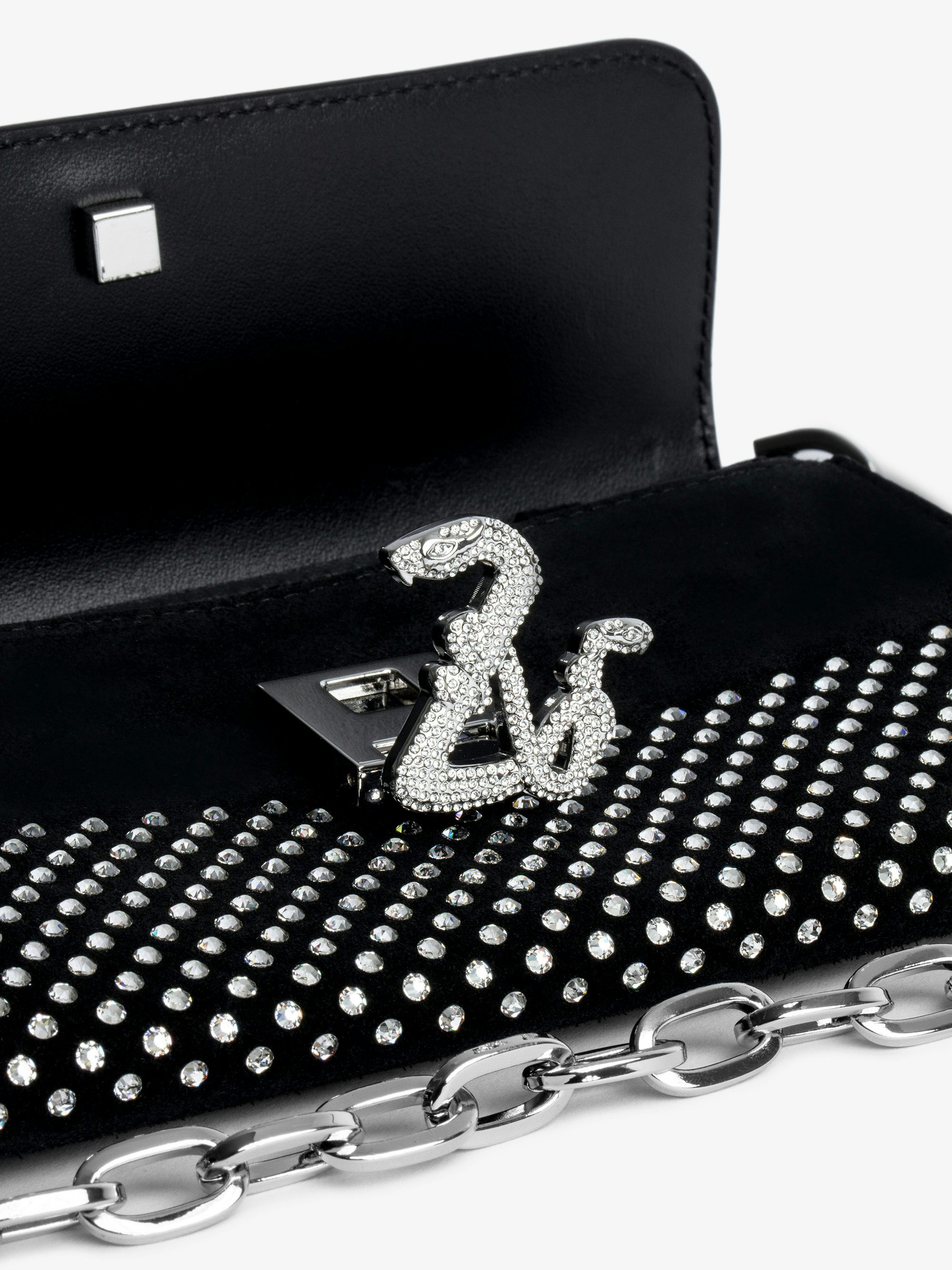 ZV Initiale Le Long Wallet - Women’s black leather wallet-style clutch with crystal embellishment, shoulder strap, and snake ZV clasp